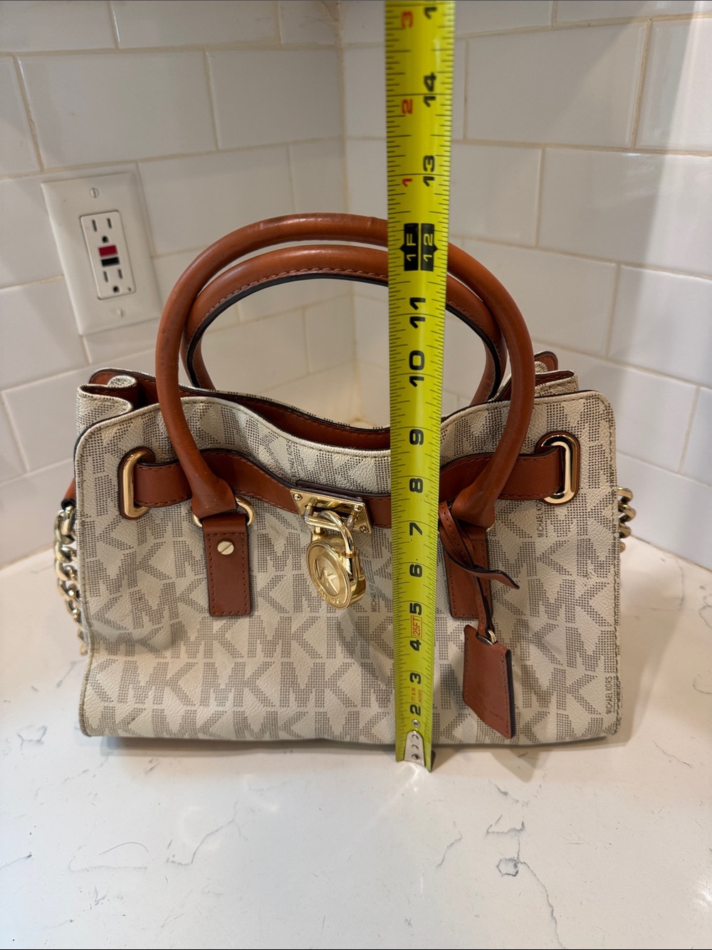 Michael Kors Cream Logo Canvas Satchel with Brown Leather Trim - Picture 12 of 12